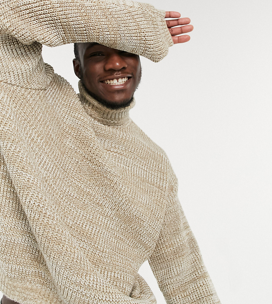 ASOS DESIGN Tall knitted oversized rib roll neck sweater in oatmeal twist-Neutral