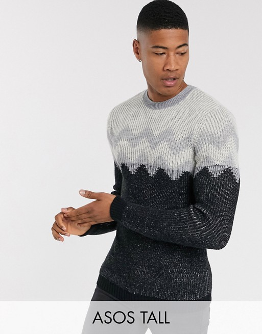 ASOS DESIGN Tall knitted roll neck jumper with chevron chest stripe in blue