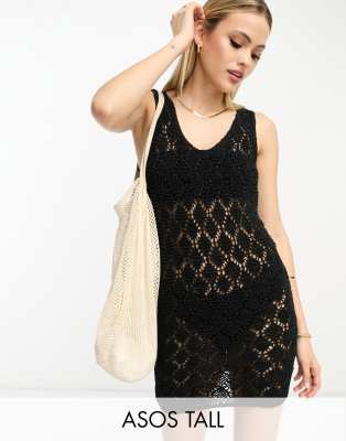 Asos Tall Asos Design Tall Knitted Sleeveless Mini Dress In Open Stitch In Black