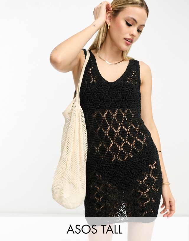 ASOS DESIGN Tall knitted sleeveless mini dress in open stitch in black