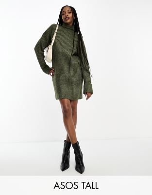 Asos Tall Asos Design Tall Knitted Sweater Mini Dress With High Neck In Khaki-green