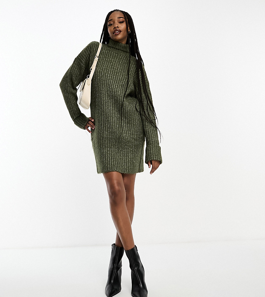 ASOS DESIGN Tall knitted sweater mini dress with high neck in khaki-Green