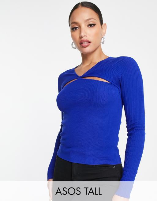 Asos Design Tall Knitted Top With Cut Out And Knot Front Detail In Cobalt Blue Asos 7877