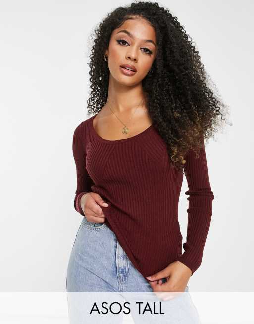 ASOS DESIGN Curve knitted top with scoop neck with rib bust detail in dark  red