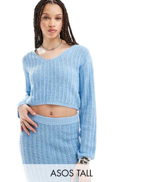 ASOS DESIGN Tall knitted v neck crop jumper in open stitch co-ord in blue - view 1