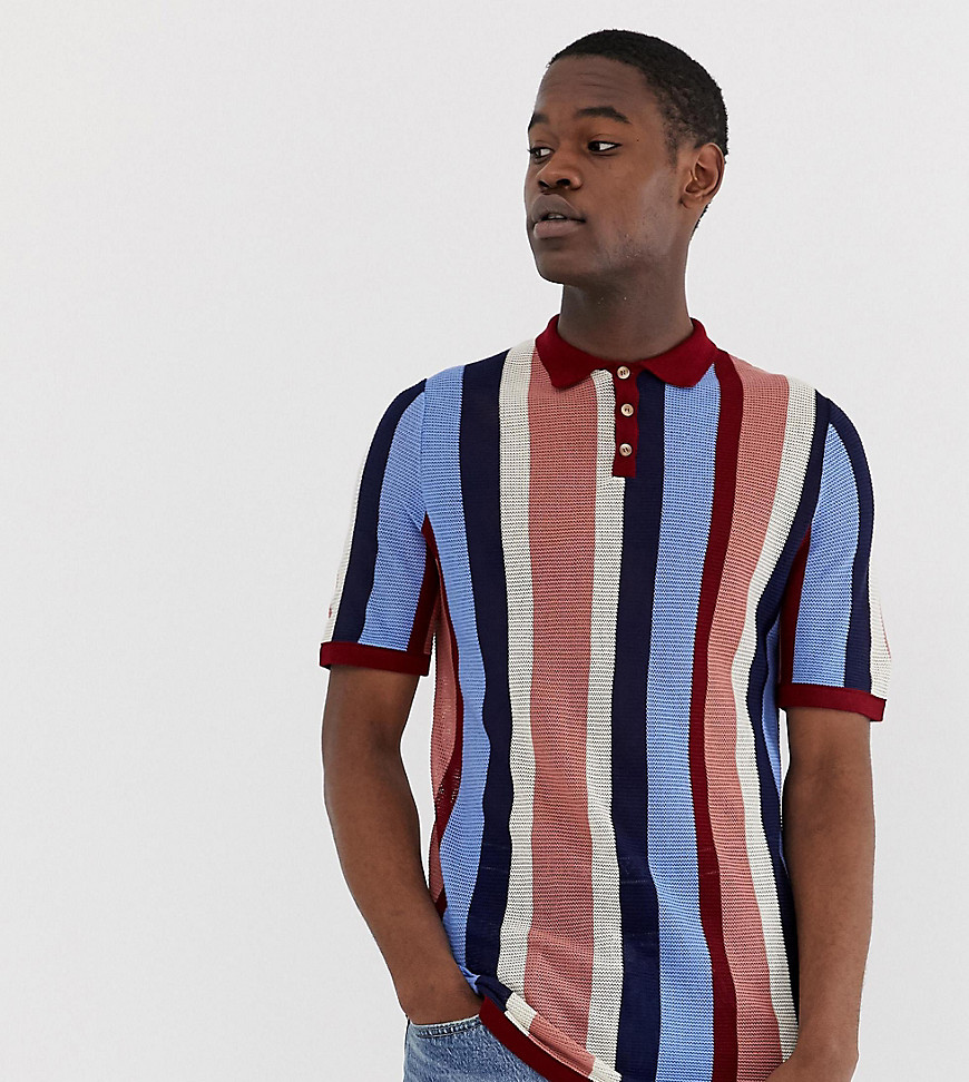 ASOS DESIGN Tall knitted vertical stripe polo t-shirt-Multi