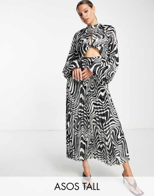 ASOS DESIGN Tall knot front high neck cutout pleated midi dress in textured stripe
