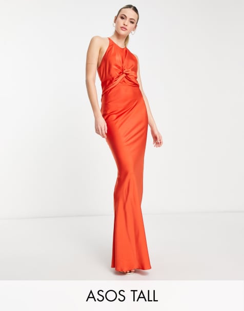ASOS DESIGN Tall knot front satin maxi dress with tie back detail in orange - view 1