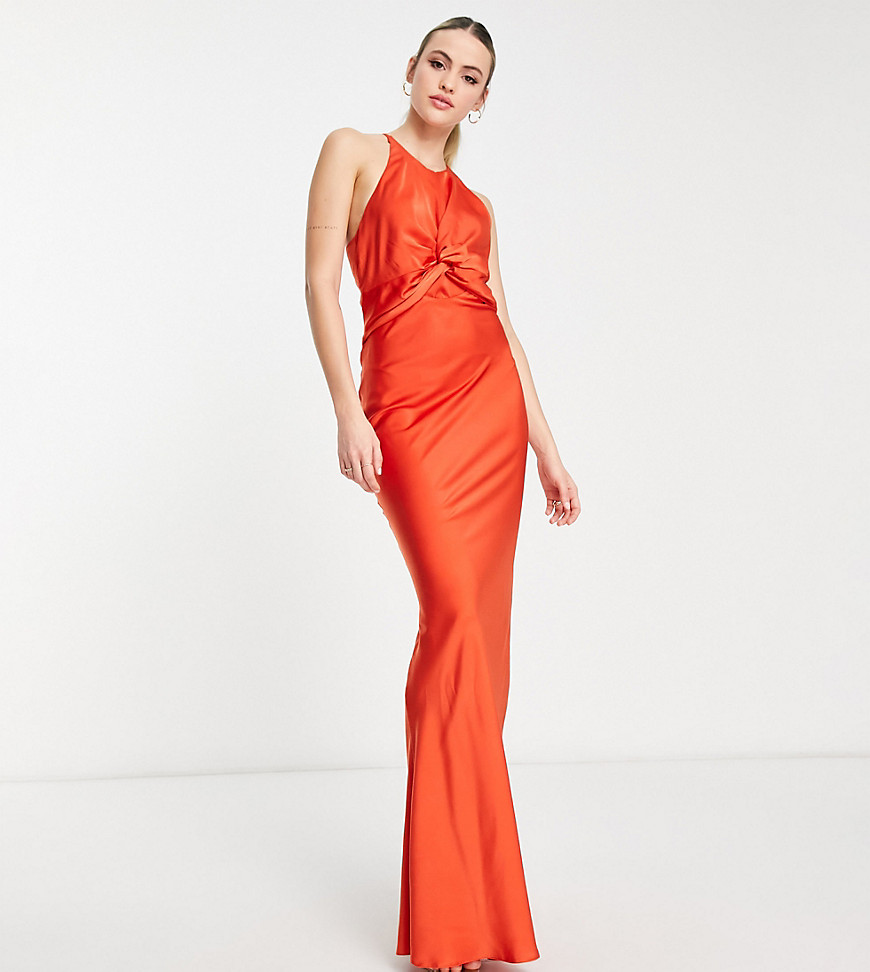 Asos Tall Asos Design Tall Knot Front Satin Maxi Dress With Tie Back Detail In Orange