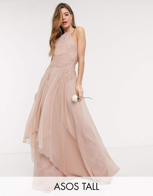 ASOS DESIGN Tall – Koktajlowa sukienka maxi na ramiączkach z marszczoną górą i warstwowym dołem