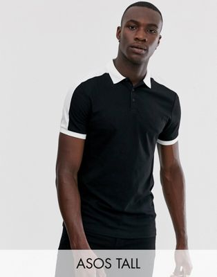 ASOS DESIGN Tall - økologisk sort poloskjorte med kontrast skulderpanel