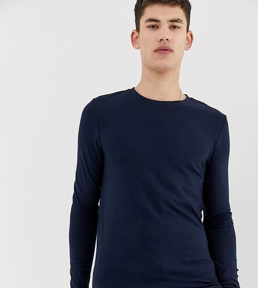 ASOS DESIGN Tall økologisk tætsiddende langærmet t-shirt med rund hals i navy-Marineblå