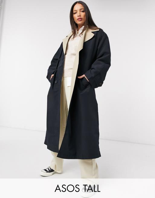 ASOS DESIGN Tall - Kontrast-trenchcoat i sort og stenfarve