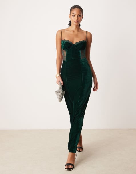 ASOS DESIGN Tall – Korsett-Midikleid aus Samt in intensivem Blaugrün mit Spitzeneinsatz - view 1