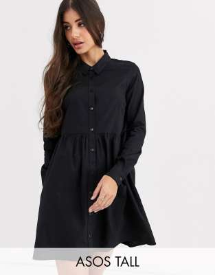 ASOS DESIGN Tall - Korte katoenen aangerimpelde overhemdjurk in zwart