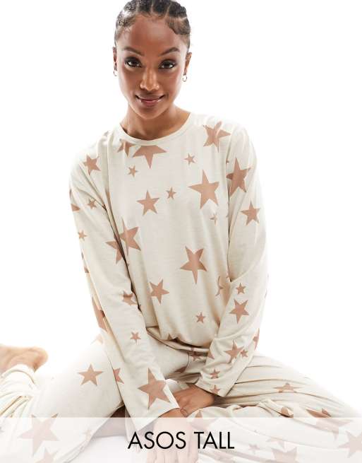 ASOS DESIGN Tall – Krämvit, stjärnmönstrad, extra mjuk pyjamas med byxor och långärmad topp
