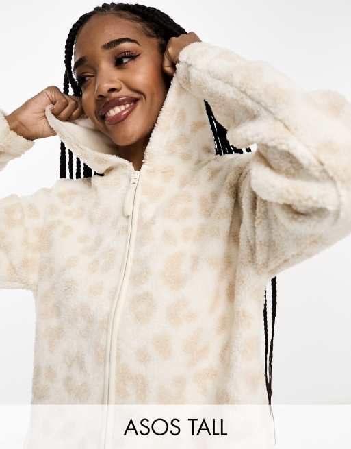 ASOS DESIGN Tall – Kremowa bluza z kapturem z kożuszka w zwierzęcy wzór – część zestawu