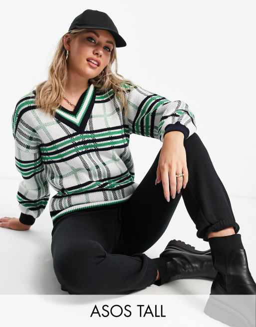 ASOS DESIGN Tall – Kremowy sweter w kratę z dekoltem w szpic