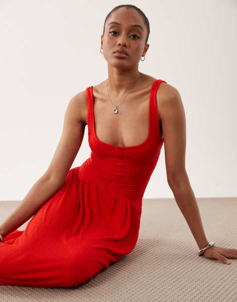 ASOS DESIGN Tall krøllet midi-kjole med knaplukning i rød - view 1