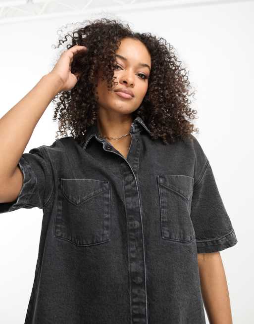 ASOS DESIGN Tall – Kurzärmliges Hemdkleid aus Jeansstoff in verwaschenem Schwarz, 3 von 4