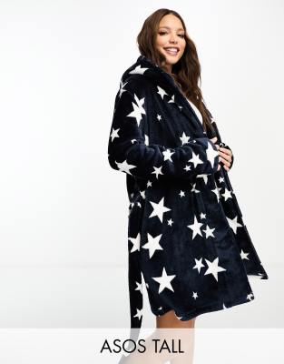 ASOS DESIGN Tall - Kurzer Bademantel aus superweichem Fleece in Dunkelblau mit Sternenmuster