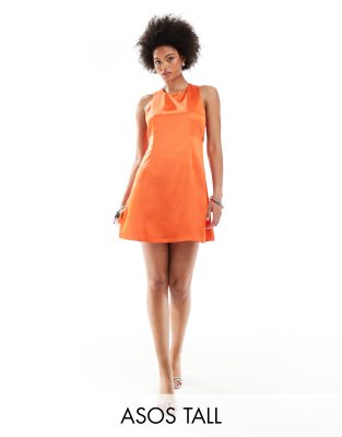 ASOS DESIGN Tall - Kurzes Satin-Etuikleid in lebendigem Orange mit seitlichen Laschen