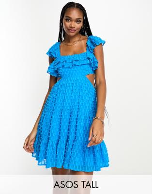 ASOS DESIGN Tall - Kurzes Skater-Kleid in leuchtendem Blau mit Rüschen und Zierausschnitt