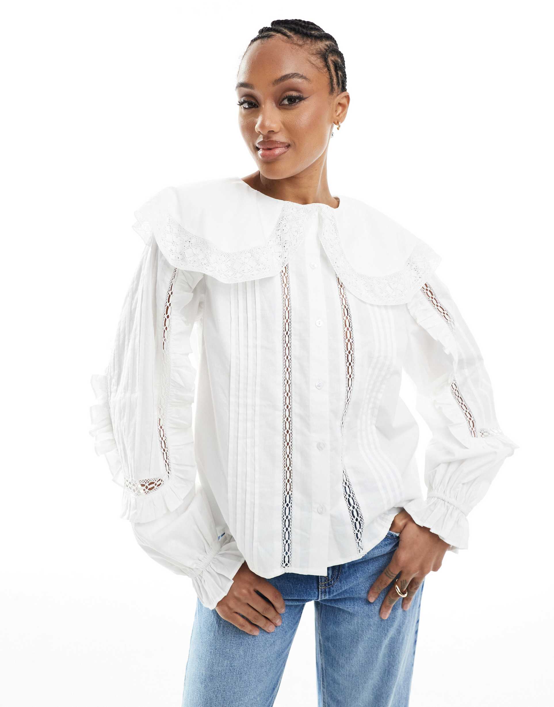 asos design tall lace and broderie insert shirt with large collar in ivory