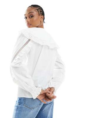 Asos Tall Asos Design Tall Lace And Broderie Insert Shirt With Large Collar In White