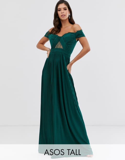 Asos Design Tall Lace And Pleat Bardot Maxi Dress Asos