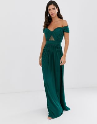 bardot pleat maxi dress