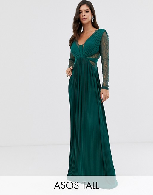 ASOS DESIGN Tall lace and pleat long sleeve maxi dress