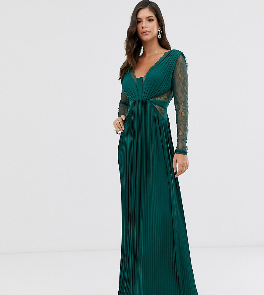ASOS DESIGN Tall lace and pleat long sleeve maxi dress-Green