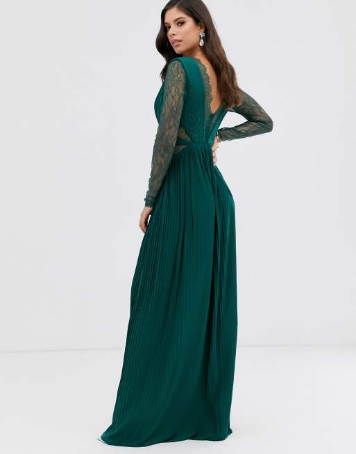 Asos Design Tall Lace And Pleat Long Sleeve Maxi Dress Asos