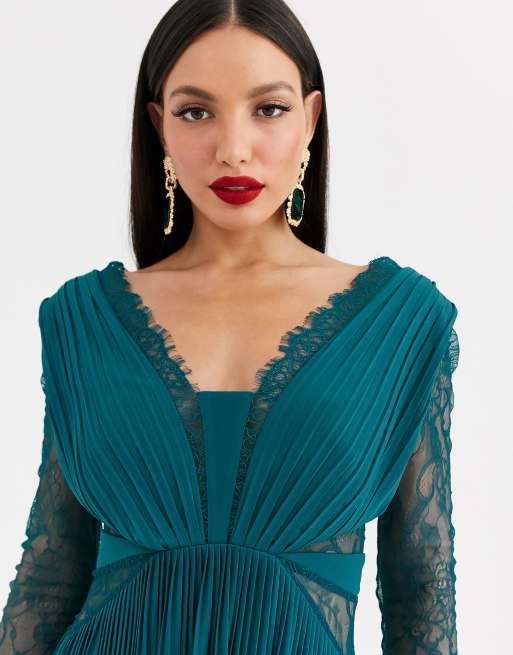 ASOS DESIGN Tall lace and pleat long sleeve midi dress in teal green