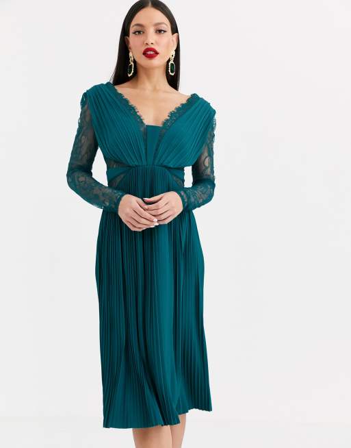 ASOS DESIGN Tall lace and pleat long sleeve midi dress in teal green