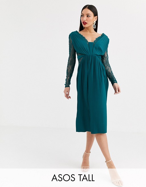 ASOS DESIGN Tall lace and pleat long sleeve midi dress in teal green