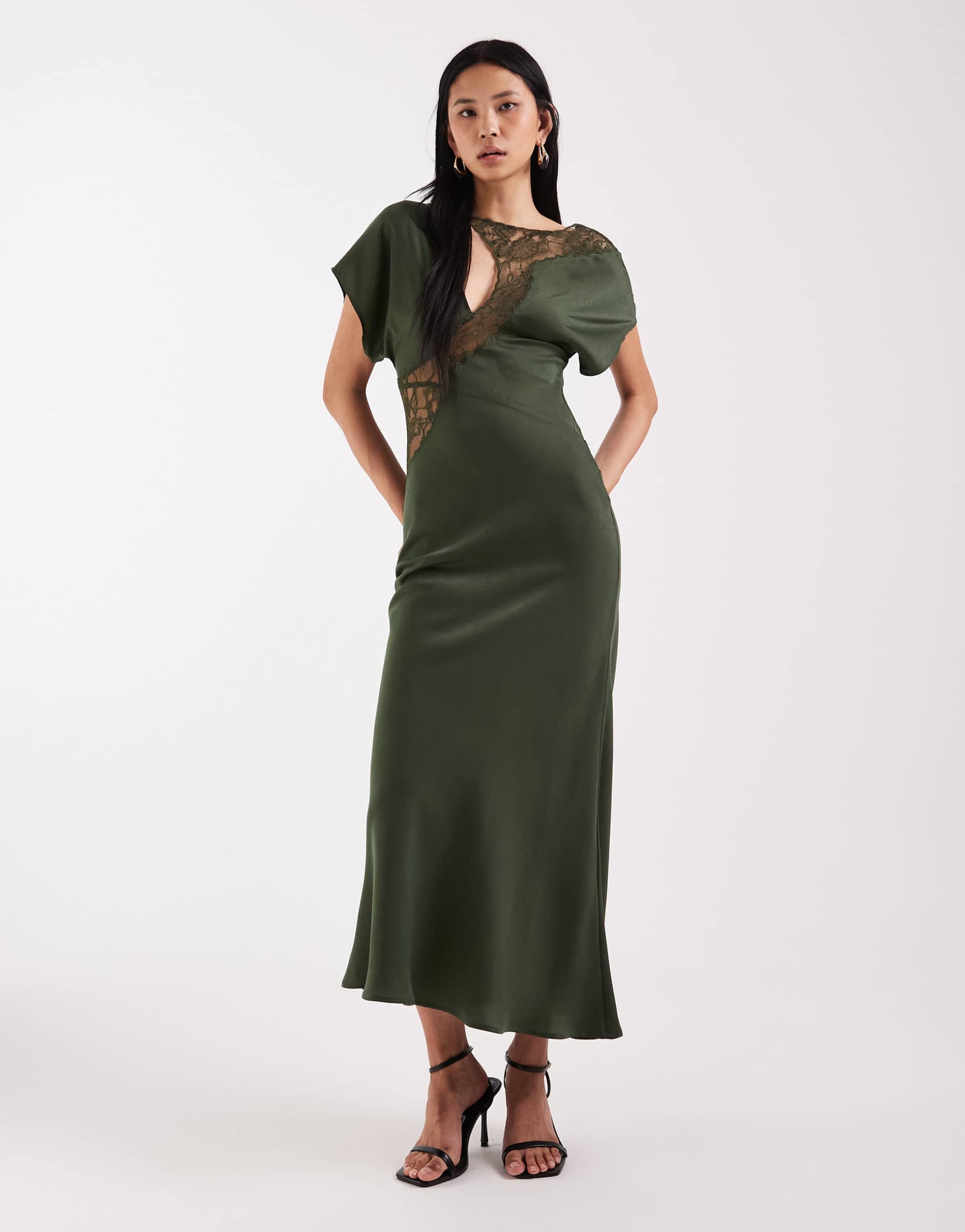 asos design tall lace applique grown on sleeve bias cut satin midaxi dress in dark green