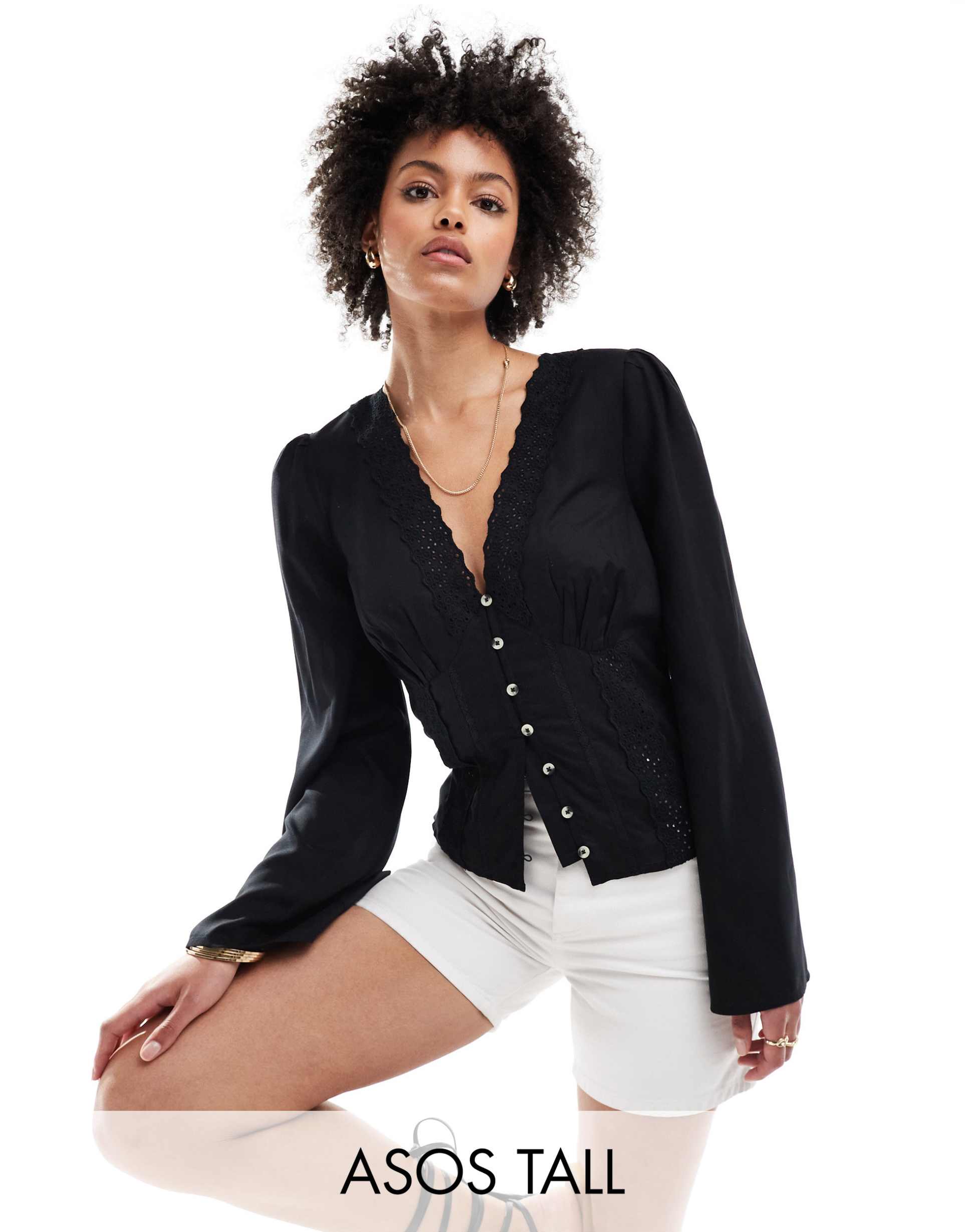 asos design tall lace insert button down top in black