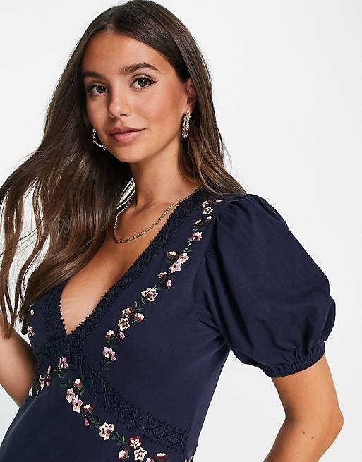 Dresses Tall Lace insert midi dress with flower embroidery in navy 