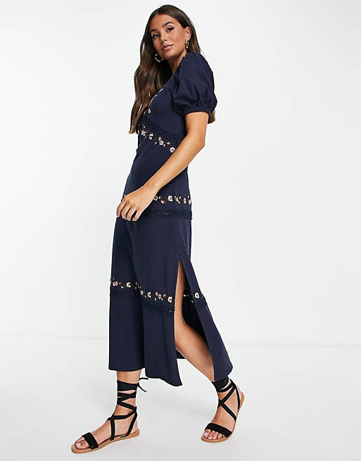Dresses Tall Lace insert midi dress with flower embroidery in navy 