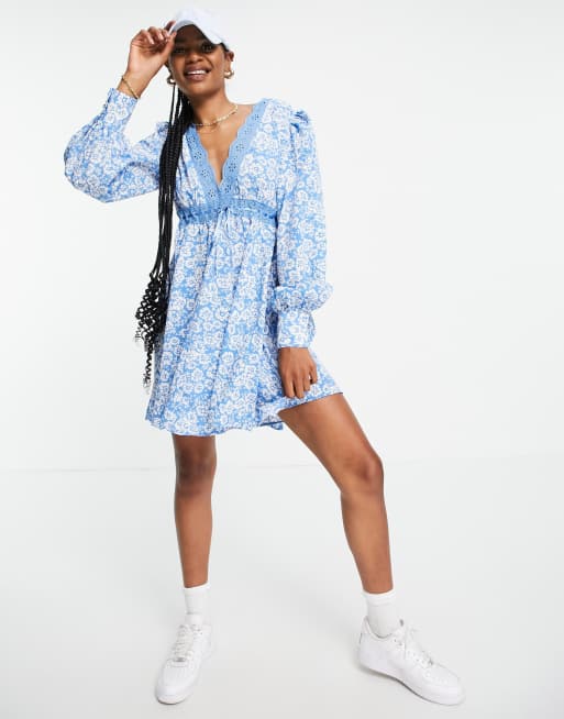 ASOS DESIGN Tall lace insert mini skater dress in blue floral print | ASOS