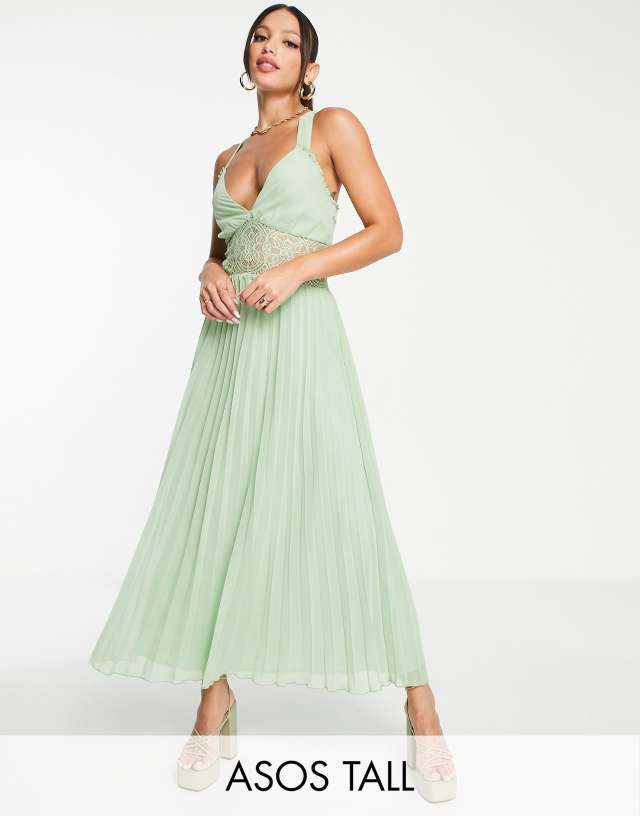 ASOS DESIGN Tall lace insert pleated midi dress in sage