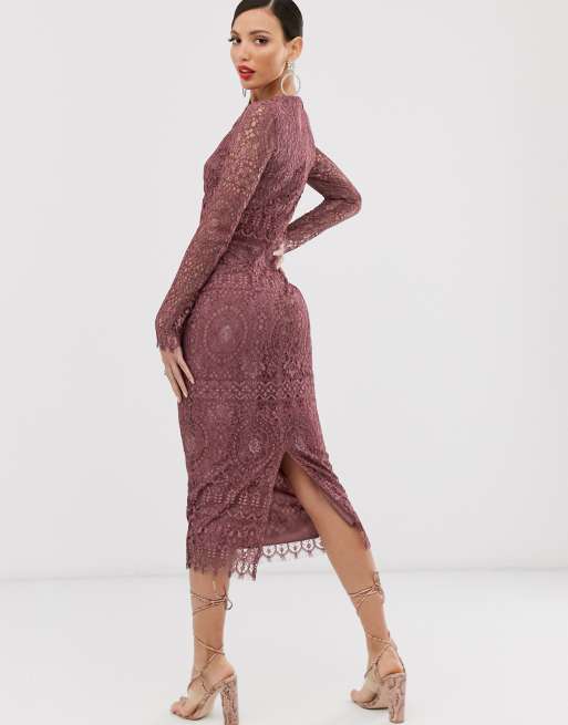 Asos design lace long sleeve midi pencil dress sale