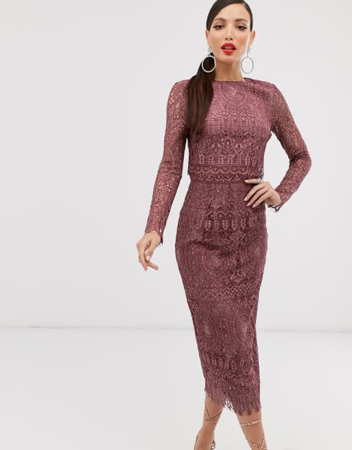 Asos design lace long 2025 sleeve midi pencil dress