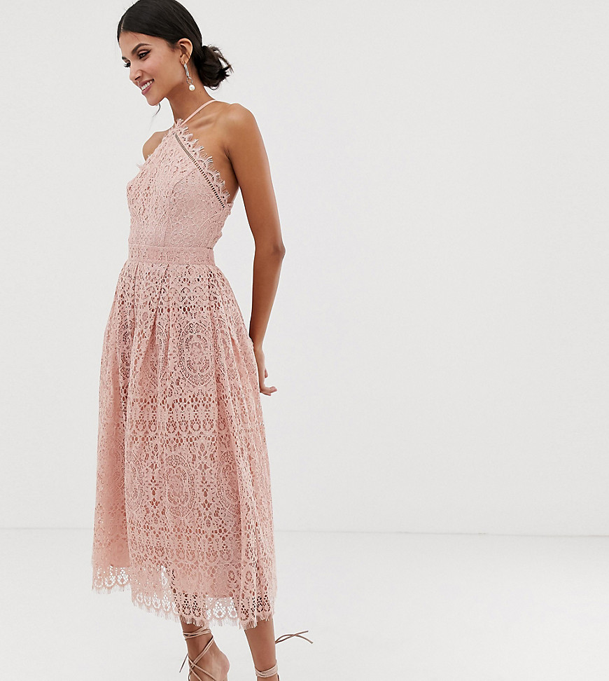 ASOS DESIGN Tall lace midi dress with pinny bodice-Pink