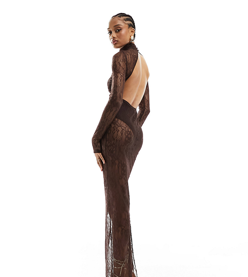 Asos Tall Asos Design Tall Lace Overlay Body Maxi Dress In Chocolate-multi