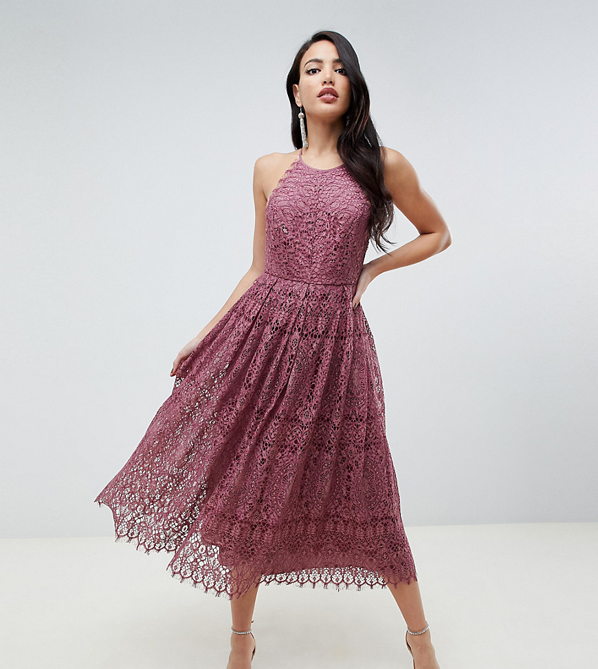 ASOS DESIGN Tall lace pinny scallop edge prom midi dress-Purple