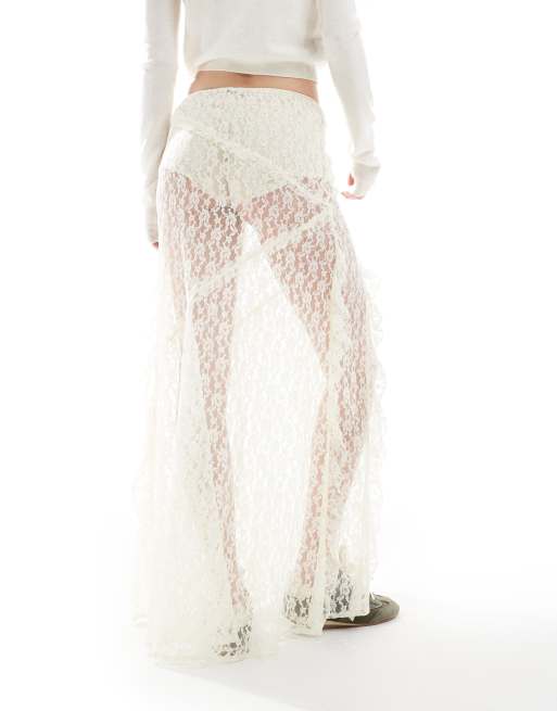 ASOS DESIGN Tall lace ruffle maxi skirt in cream
