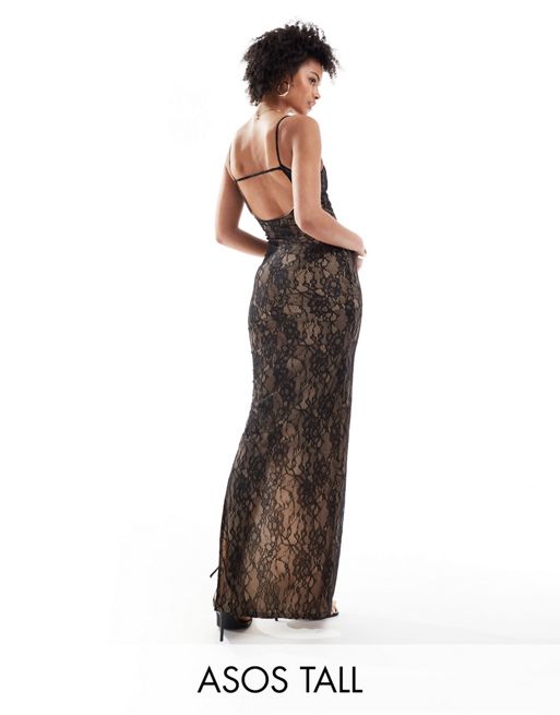 FhyzicsShops DESIGN Tall lace scoop neck cami slip maxi dress in black with camel lining